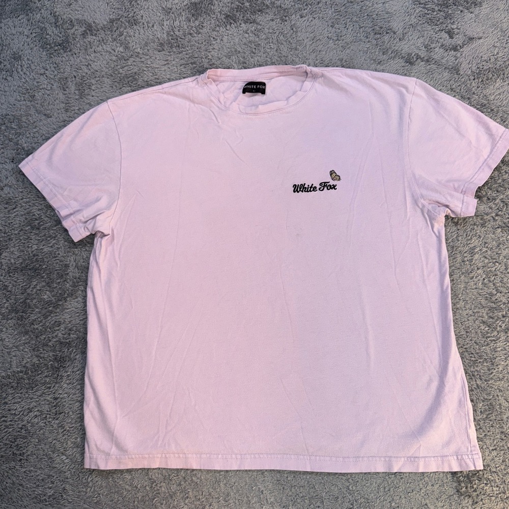 White Fox Womens Butterfly Graphic T Shirt Size L Pink Cotton Embroidered Logo